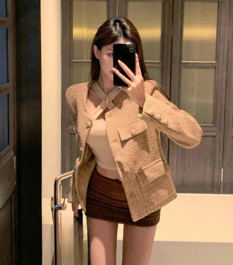 KUSAHIKI Fashion Tweed Elegant Short Coat Women 2023 Autumn New Outwear Cardigan Tops Causal Long Sleeve O-neck Korean Jacket