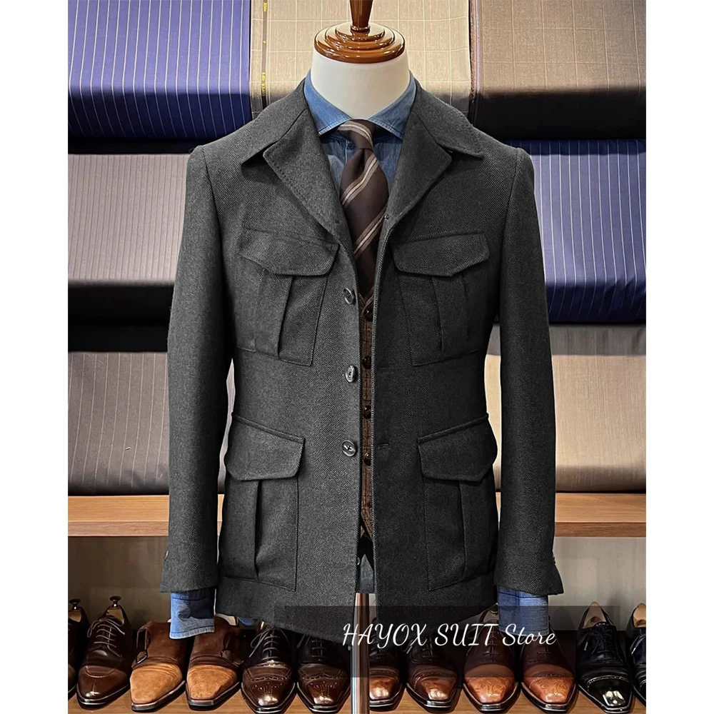 Chaqueta de caza de espiga para hombre, Blazer informal con 4 bolsillos, diseño de moda, Blazer de Tweed Vintage, botonadura única, trabajo cómodo