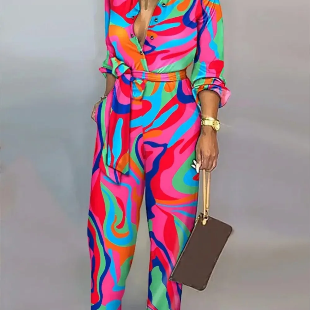 Spring Autumnnew Printed Long Sleeved For Women\'s Jumpsuit Fashion Slim High Waist Lace Up Elegant Female Office Jumpsuit Pant