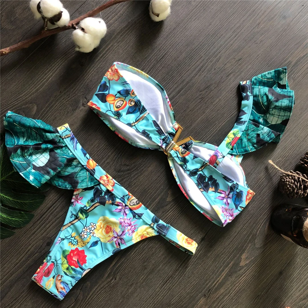 Blumenmuster, einseitiger Bikini, Damen-Badebekleidung, zweiteiliger Bikini-Set, Badeanzug mit Rüschen, Badebekleidung, Badeanzug, Modell V8049. – Detail 4