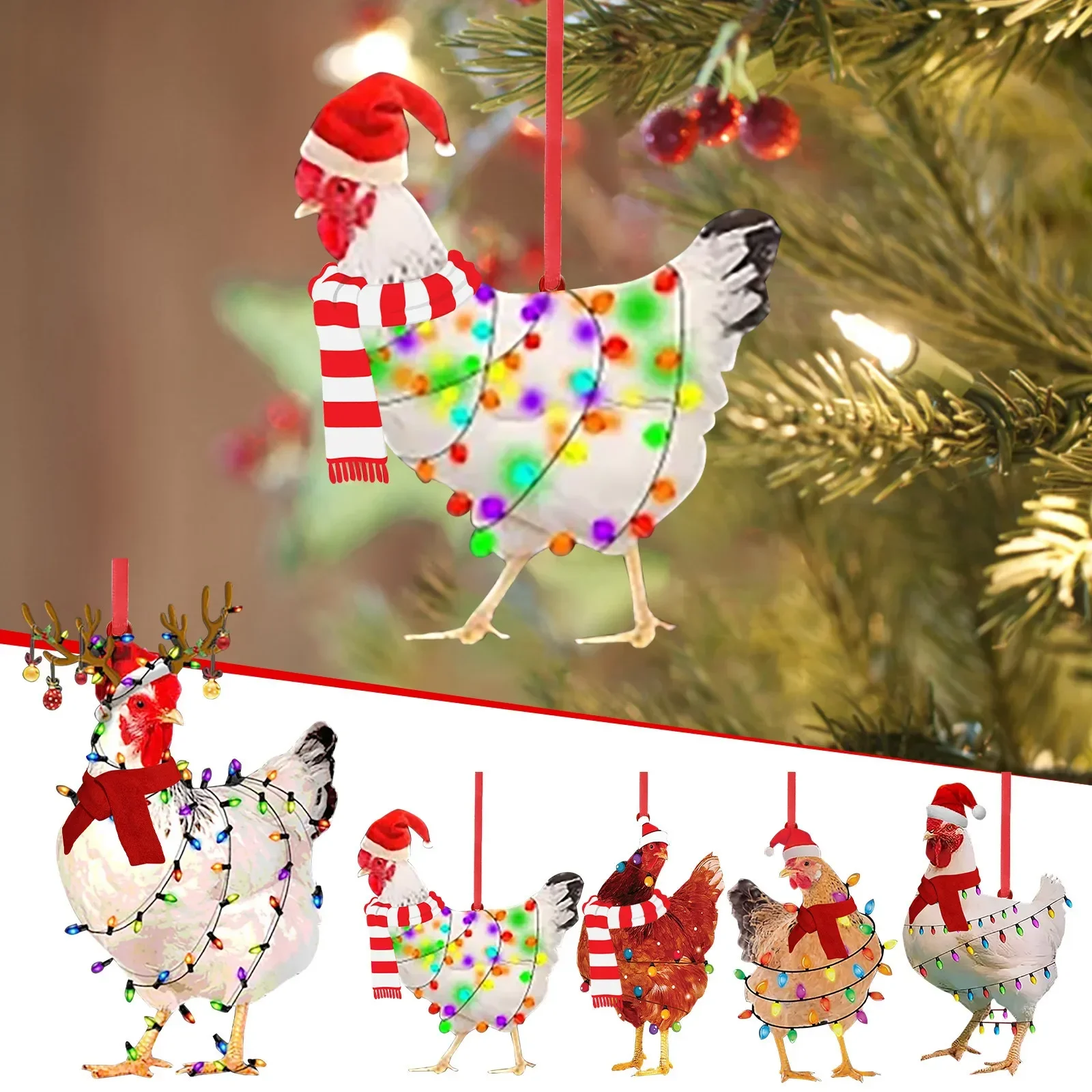 5PCS Christmas tree Decoration Ornaments Wood Christmas Scarf Chicken new year home Decorations Creative Xmas tree hanging Decor