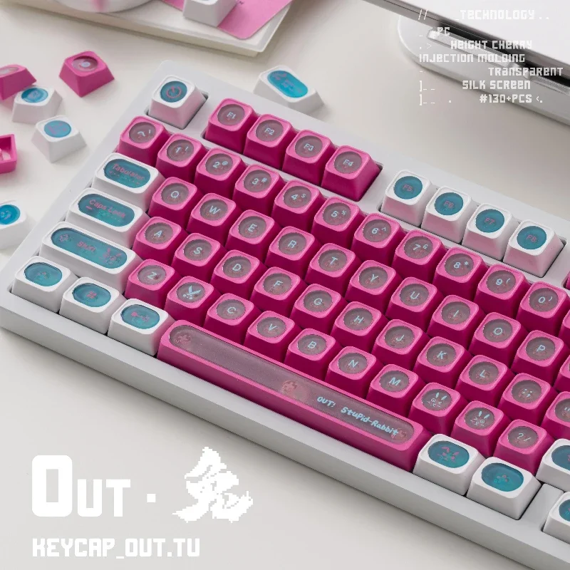 Out Rabbit Theme Keycaps Set PBT PC Transparent Pink Keyboard Caps Cherry Profile Cute Key Cap for Mechanical Keyboard Accessory