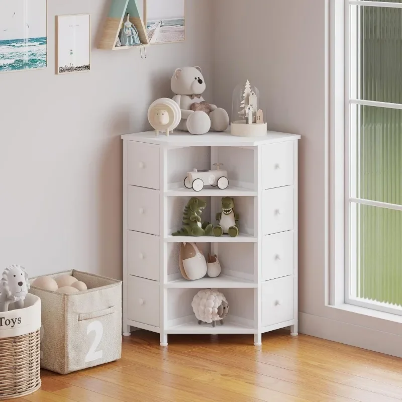 8-Drawer Corner Dresser with Wooden Top and Shelves (White)