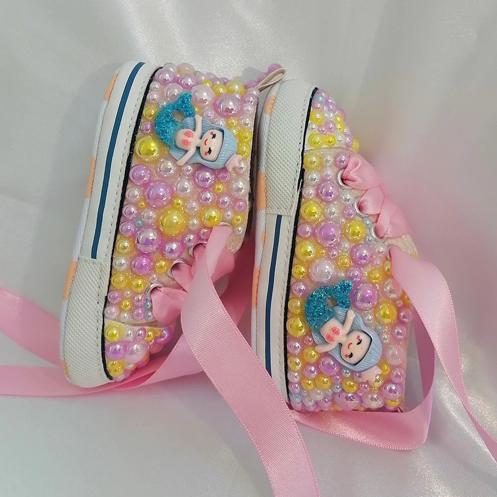 Handmade Bow Pearl Rhinestones Baby Girls Shoes Hairband First Walker Sparkle Christmas Mermaid Crystals Princess Shoes Shower