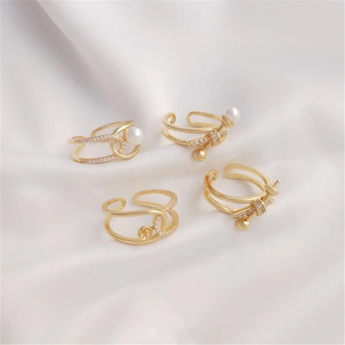 14K Gold Pack Micro Set Zircon Half Hole Pearl Holder Knot Ring DIY Handmade Adhesive Bead Empty Holder Open Ring B699