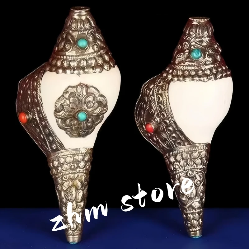 

18cm Nepal Ancient Silver Whelk,Inlaid Gem Carved Tantric Buddhist Religious Handicraft ,Tibetan Altars Buddhist Ornaments