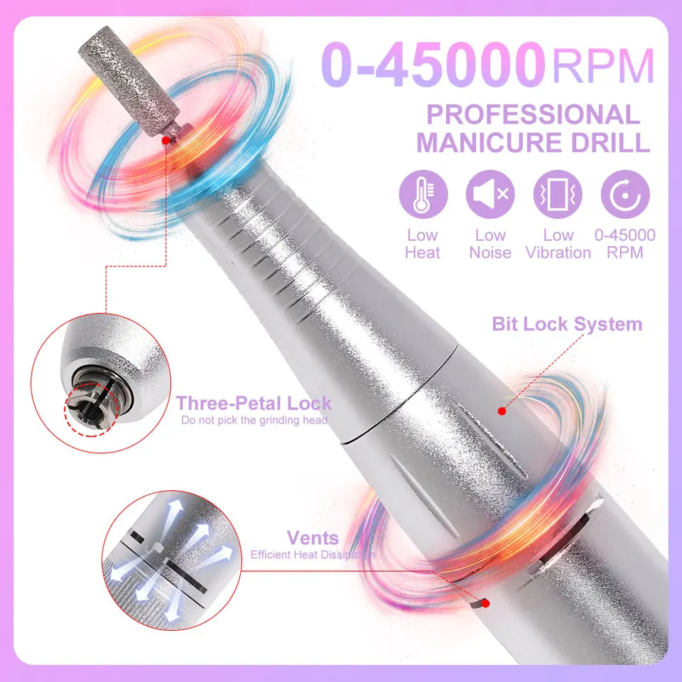 Taladro eléctrico portátil para uñas de 45000 RPM, recargable, bajo ruido, para manicura 5