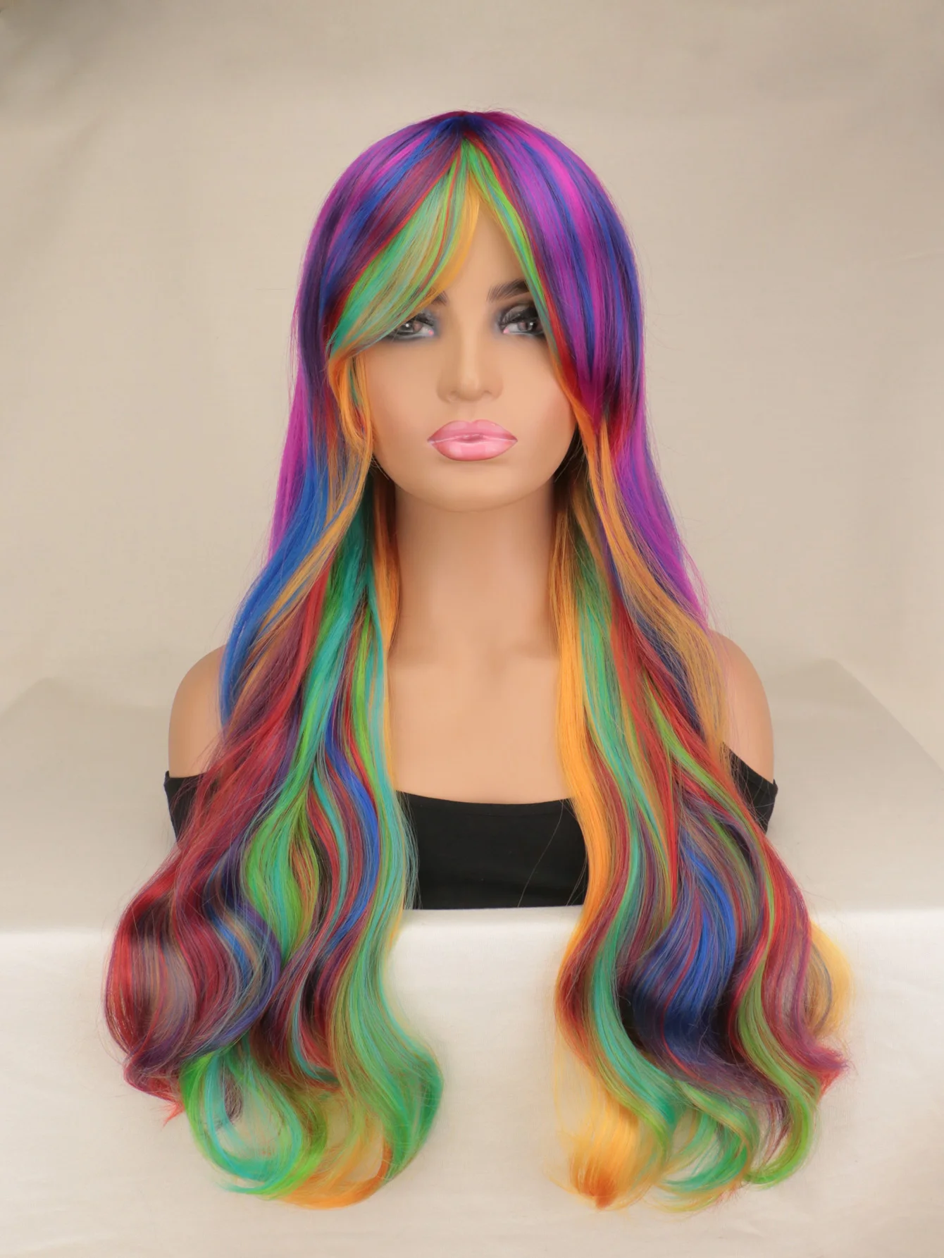 Rainbow Color Long Curly Hair Wig for Women Girls with Bangs Cosplay Party Costume Accessory Perfect for Halloween