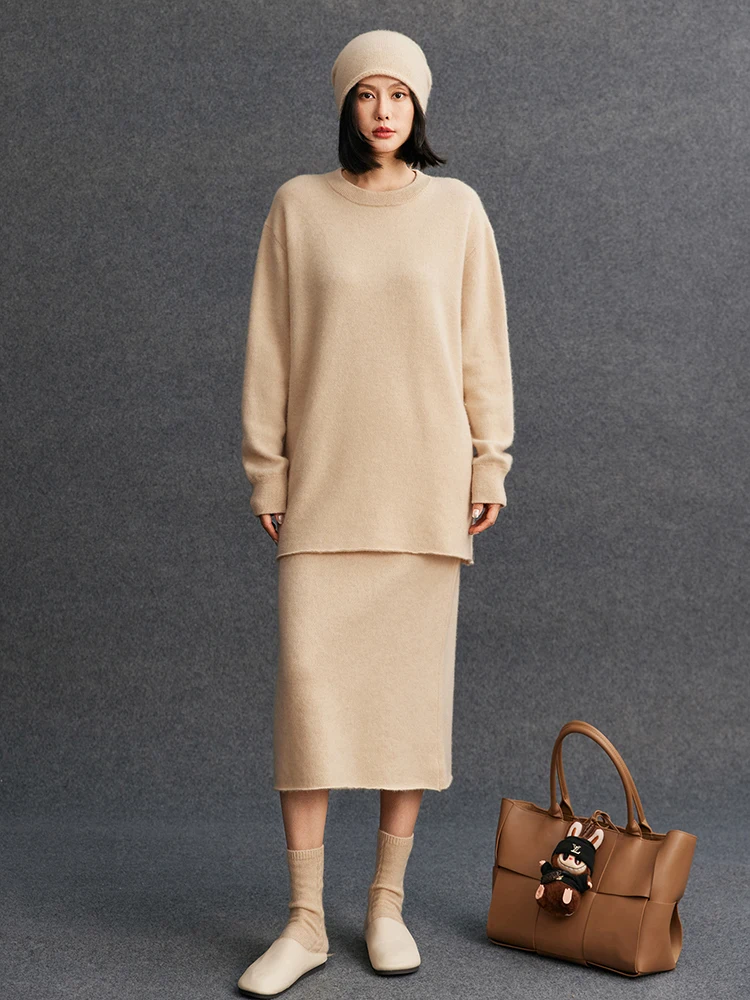 

CHICUU Women 100% Cashmere Sweater Skirt Set O-neck Pullover Straight Calf Skirts Autumn Winter Office Lady Simple Skirts Set