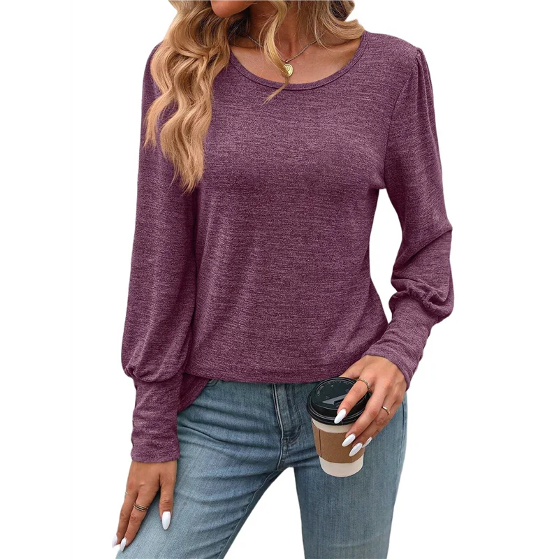 

AG-Women's Puff Short Long Sleeve Tops Crewneck Loose Casual Blouse Shirts With Button Details