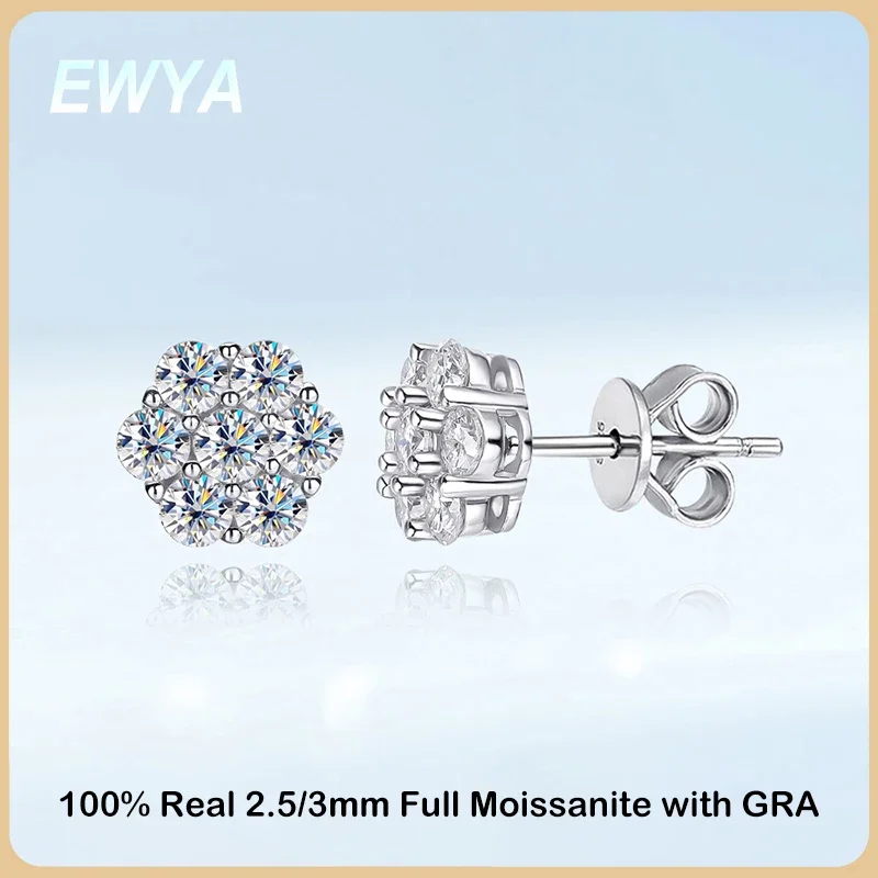 

EWYA 925 Sterling Silver Moissanite Stud Earrings 1.4ct 7 Stones Flower Women Earring For Party Engagement Fine Jewelry Earings