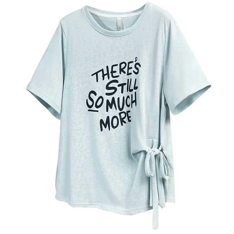 

2025 Summer Plus Size Women Printed T-shirt Round Neck Slim Fit Blouse Side Waist Tie Casual Tops For Curvy Ladies 2612