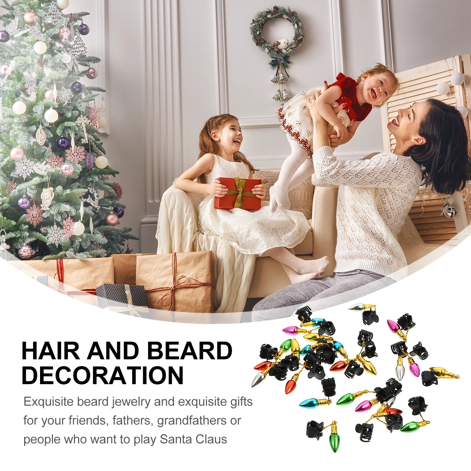 

24pcs Bright Shiny Beard Clips Premium Plastic Reusable Men Facial Ornaments Christmas Tree Decor Bell Pendant