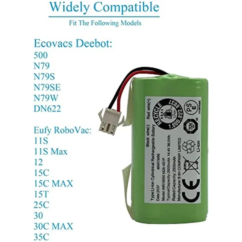 14.4V 2600mAh Replacement Battery for Conga 990 1090 Tesvor X500 Ecovacs Deebot N79 N79S DN622 Eufy RoboVac 11 11S RoboVac 30