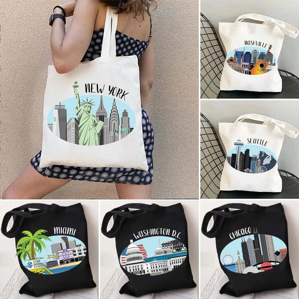 

New York Chicago Miami Seattle Nashville PETERRSBURG DC City Skyline Men Women Canvas Shoulder Tote Bag Shopper Shopping Handbag