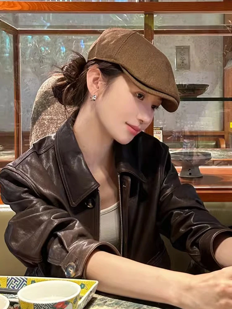 Retro Coffee Cotton Linen Beret Hat Women Summer American British Style Forward Cap Large Head Size Small Face Beret Hat