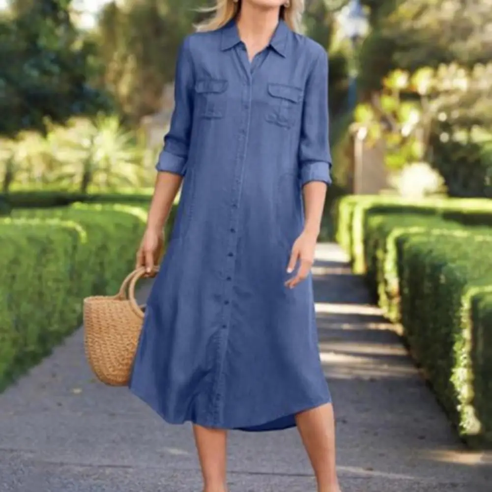 Vestido de camisa de peito único feminino, vestido Denim Midi, gola virada para baixo, ajuste solto, mangas compridas, bolsos múltiplos, monocromático, roupa feminina