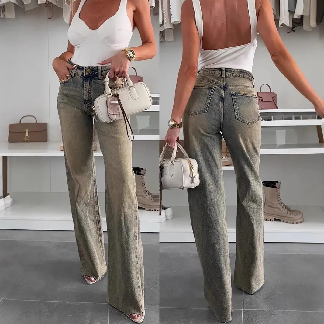 Straight Leg Medium Weight Jeans Straight Fit Artistic Retro with Individual Street Long Pants Mid Waist Women Jeans Pants