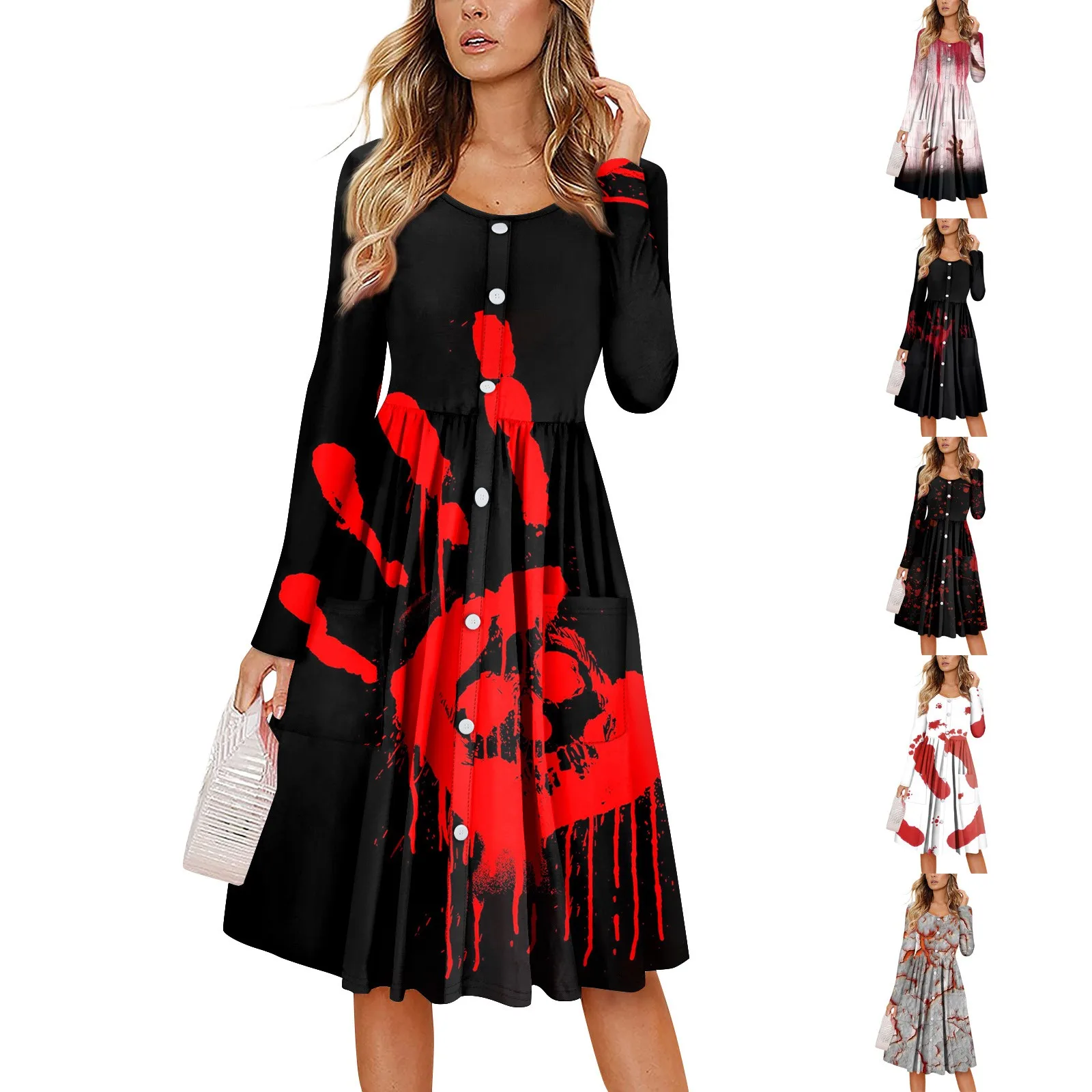 Blood Handprint Printed Party Dress Halloween Costume Women\'S Long Dress Retro A-Line Dress Holiday Party Women Dress