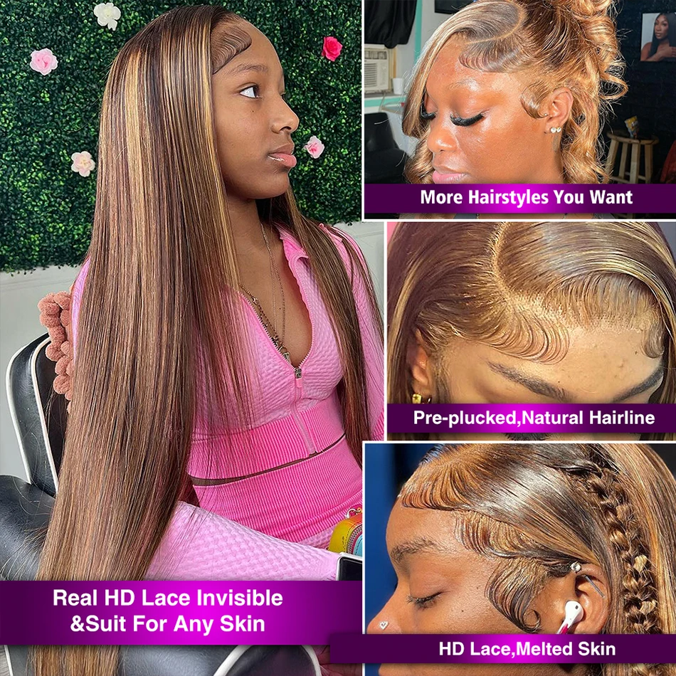 13x4 Highlighted Wig Human Hair 4/27 Colored Straight 13x6 HD Lace Front Wig Ombre Lace Frontal Wigs Pre Plucked With Baby Hair image 5
