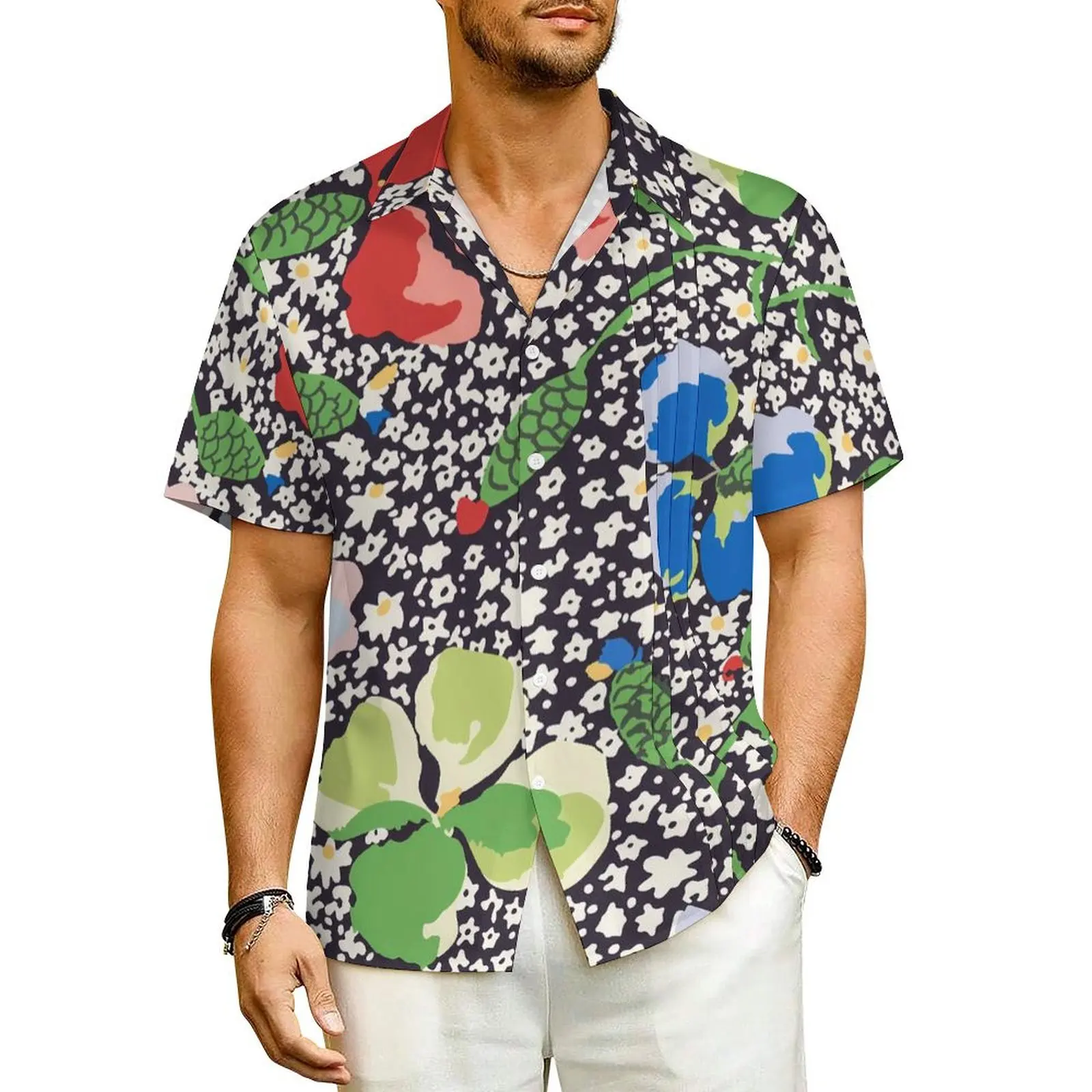 

Colorful Floral Vacation Shirt Dots Print Hawaiian Casual Shirts Man Cool Blouses Short-Sleeved Streetwear Design Clothes