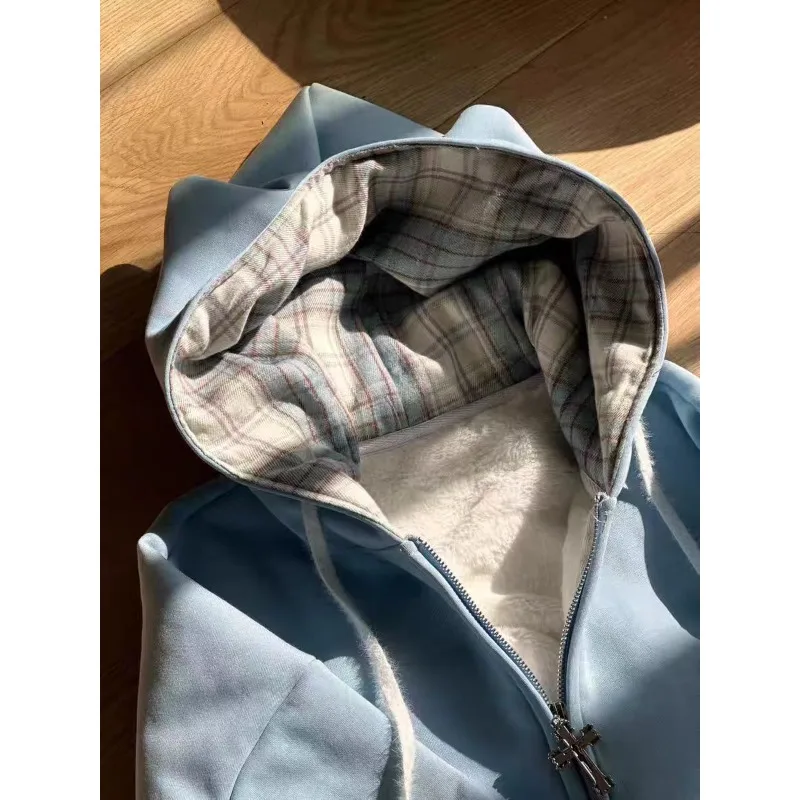 Subculture Y2k Black Cat Sweatshirts Autumn/Winter Plaid Kawaii Cat Ear Patchwork Hoodie Women Cute ChicTop Loose Casual Coat