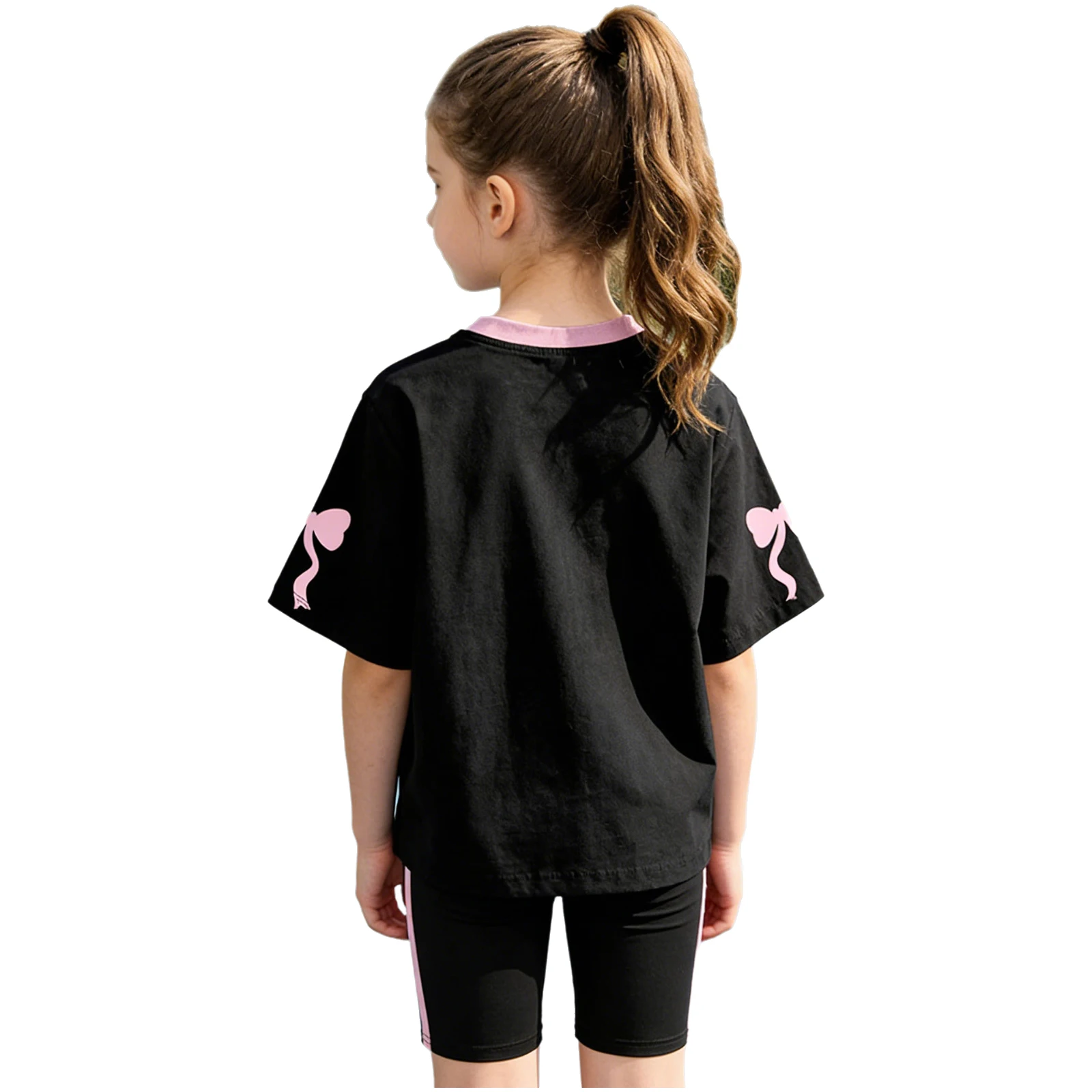 Kids Girls Sports Warm-up Fitness Costume Color Block Round Breathe Neck Short-sleeve Bowknot Number Printed T-shirt with Shorts