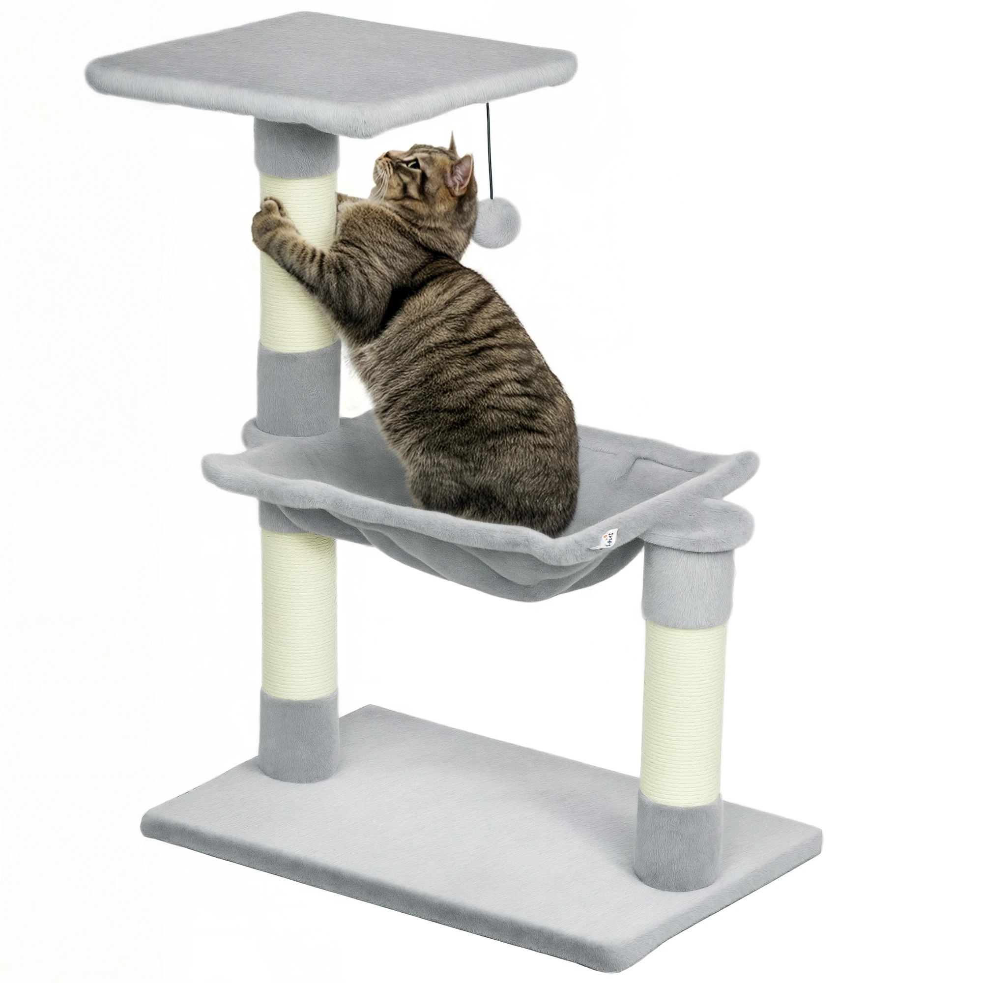 Pawhut krabpaal voor katten, kattentoren, 50x36x70 cm, activiteitencentrum met hangmat, sisalpalen en hangende bal, lichtgrijs.