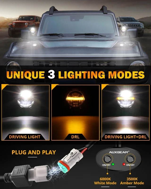 AUXBEAM 2pcs 4 Inch 110W 11000LM LED Work Light with Amber DRL for Truck Pickup Offroad