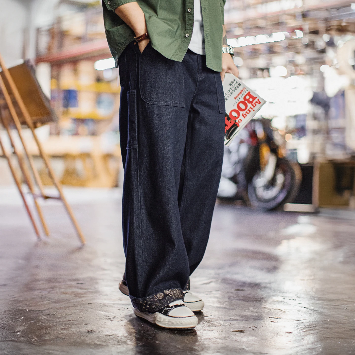 

Maden Men's Straight Denim Jeans Retro Regular Fit Folded Cuff Boro Print Detail Casual Workwear Trousers For Spring Fall