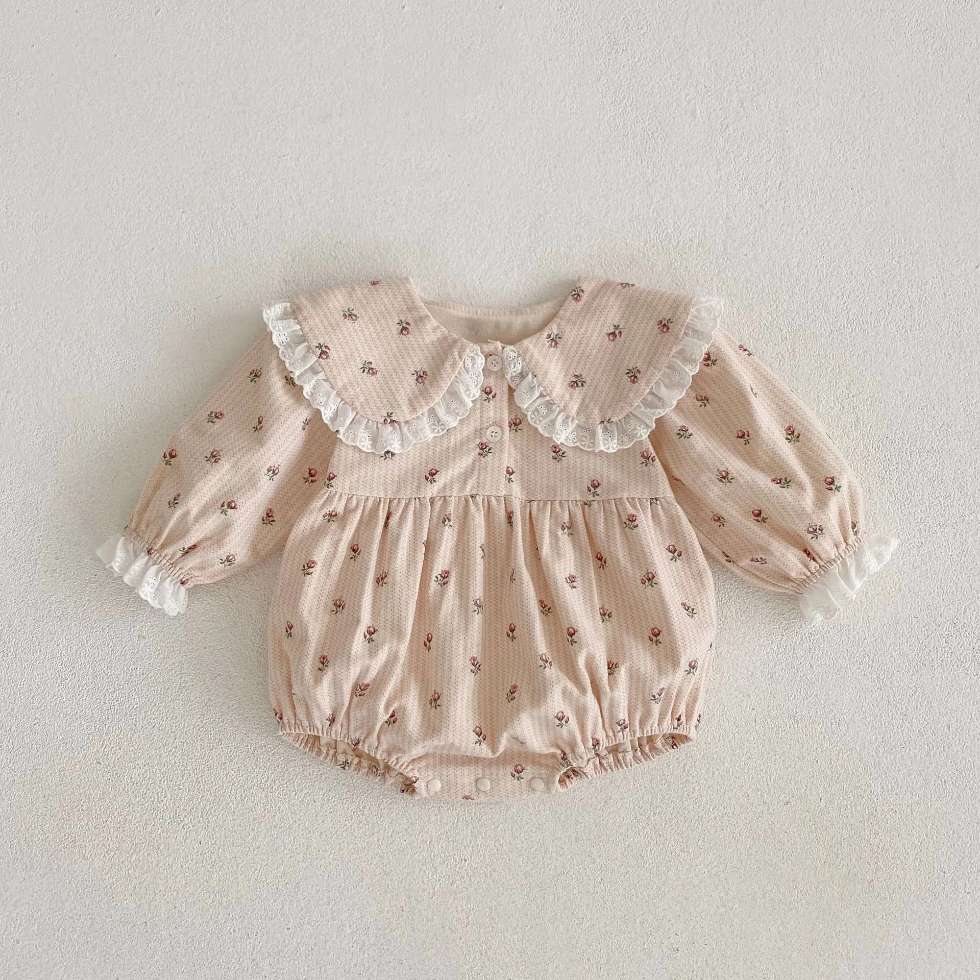 2023 Autumn Infant Baby Girls Full Sleeve Peter Pan Collar Lace Ruched Floral One-piece Newborn Kids Jumpsuits Toddler Bodysuits