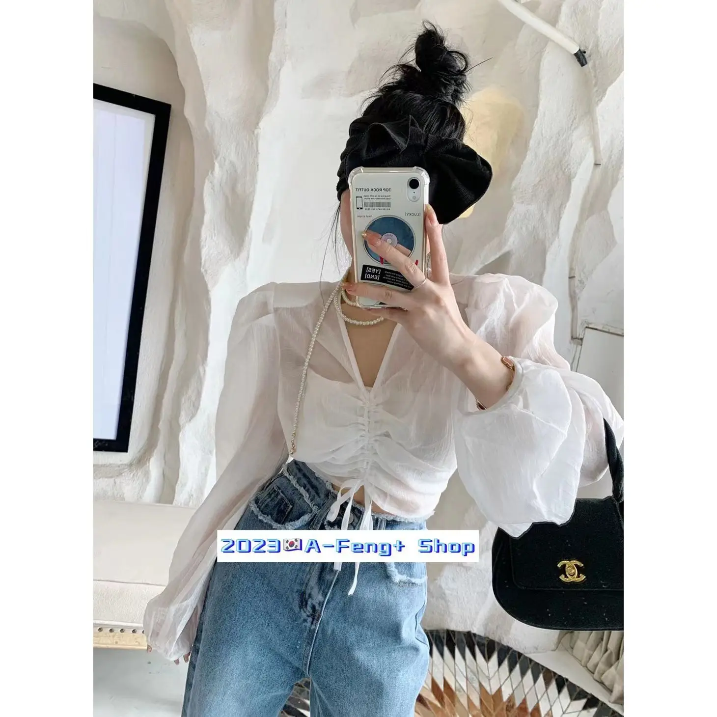 2024 Spring New Korean Style V-neck Bubble Sleeve Drawstring Top with Female Sensation Micro Transparent Thin Shirt