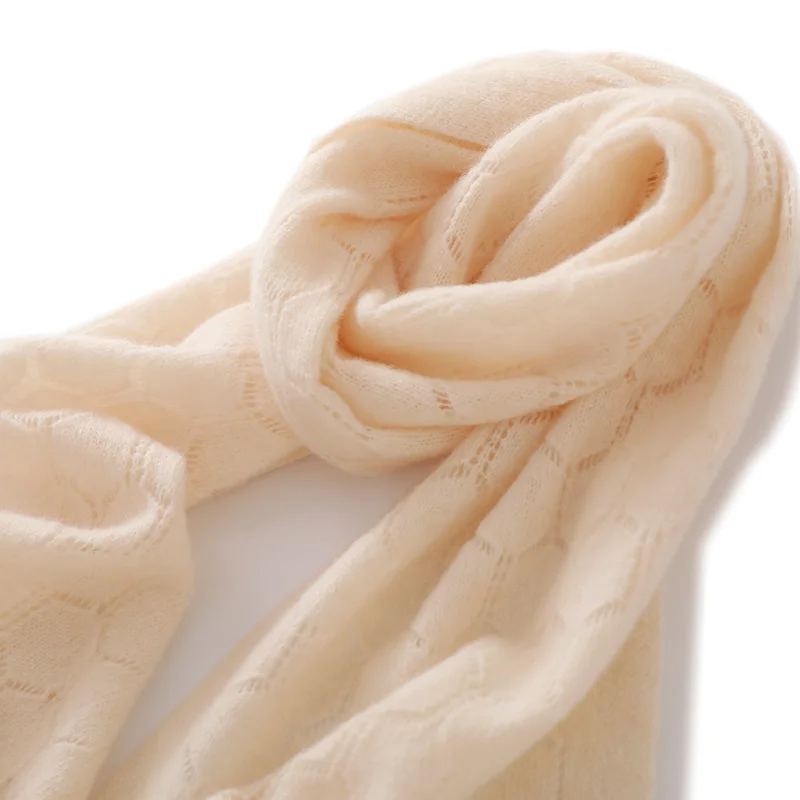 Autumn And Winter New Openwork Jacquard 100% Pure Wool Scarf Female Thin Warm Knit Solid Color Shoulder Pad Neck Scarf