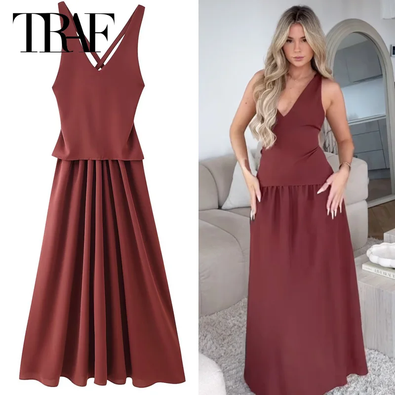 

TRAF Red Long Dresses Women's Dress Summer Woman Midi Slip Patchwork Sleeveless Vestidos Burgundy Backless Dress Party Dresses