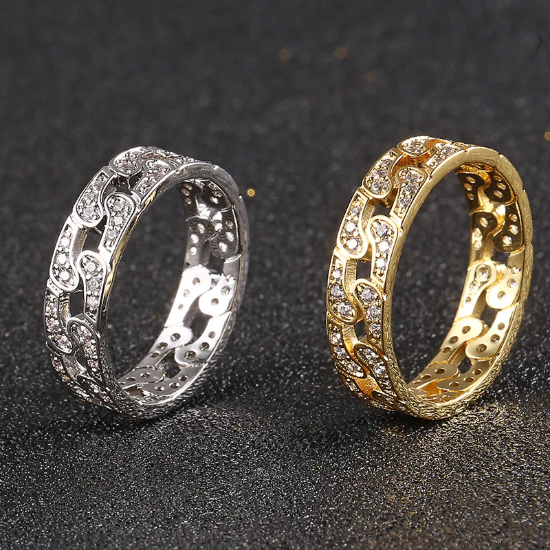Iced Out Hollow Cuban Link Ring, Unisex Full CZ Diamond Hip Hop Bling Jewelry, Rapper Accessory
