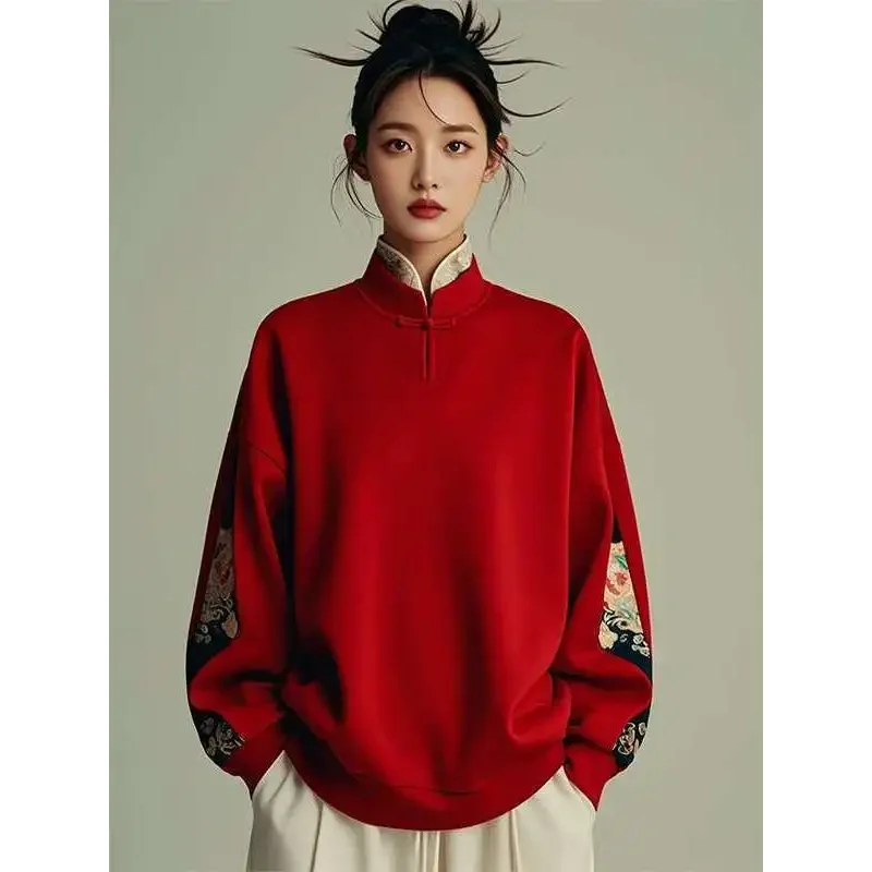 

Красная свободная женская толстовка-худи на осень-зиму, модная, в китайском стиле, больших размеров, для повседневной носки, до 300 фунтов