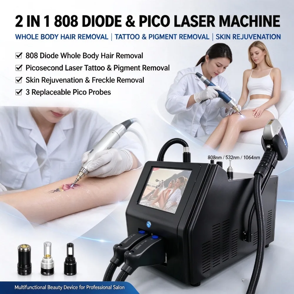 2 In 1 808 Diode & Picosecond Laser Machine Hair Removal Tattoo Pigment Removal Skin Rejuvenation Device with 3 Probes for Salon