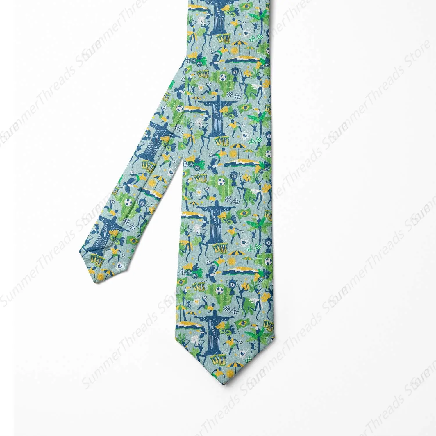 Men's Tie, Theme of Brazil Cultural Fern Green Dark Sky Blue Ties