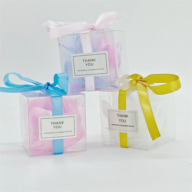 

50Pcs/Lot 6*6*6CM DIY Candy Box Gifts Packing Plastic Transparency Box Wedding Favors With Thank You Sticker Ribbon And Filler