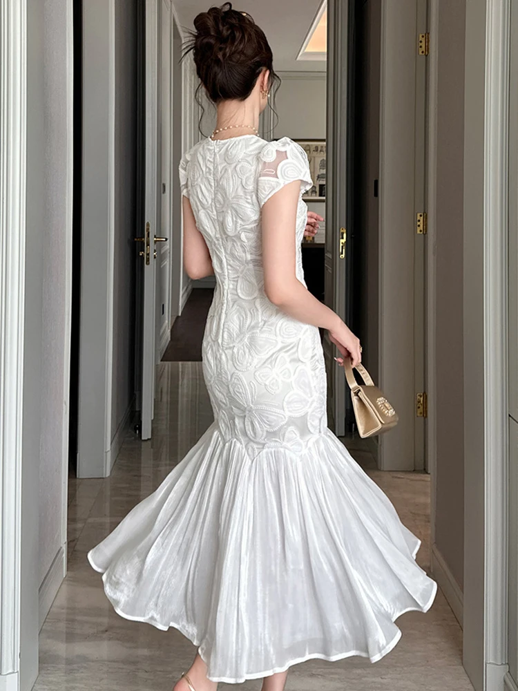 Roupas femininas noite renda branca bordado o pescoço fino fishtail vestido longo elegante senhora moda festa de aniversário robe novo