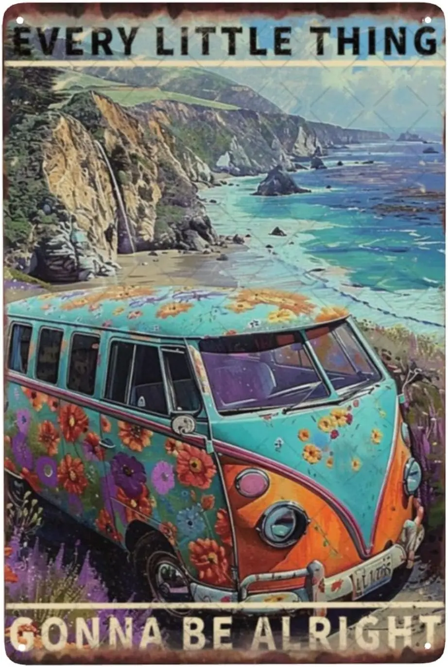 DZQUY Bus Hippie Flower Plaque Tin Signs Everything Little Things Gonna Be Alright Flowers Bus Hippie Peace Sunflower Vintage Ba