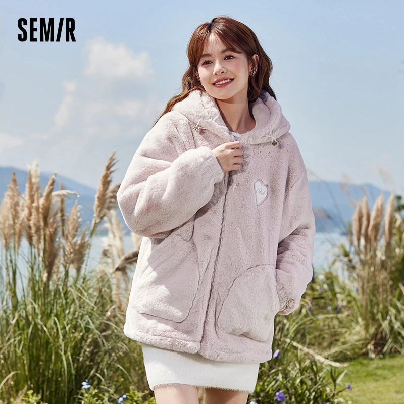 

Semir Jacket Women Hooded Loose Loose Shoulder Gentle and Simple 2023 Winter New Imitation Rabbit Fur Jacket