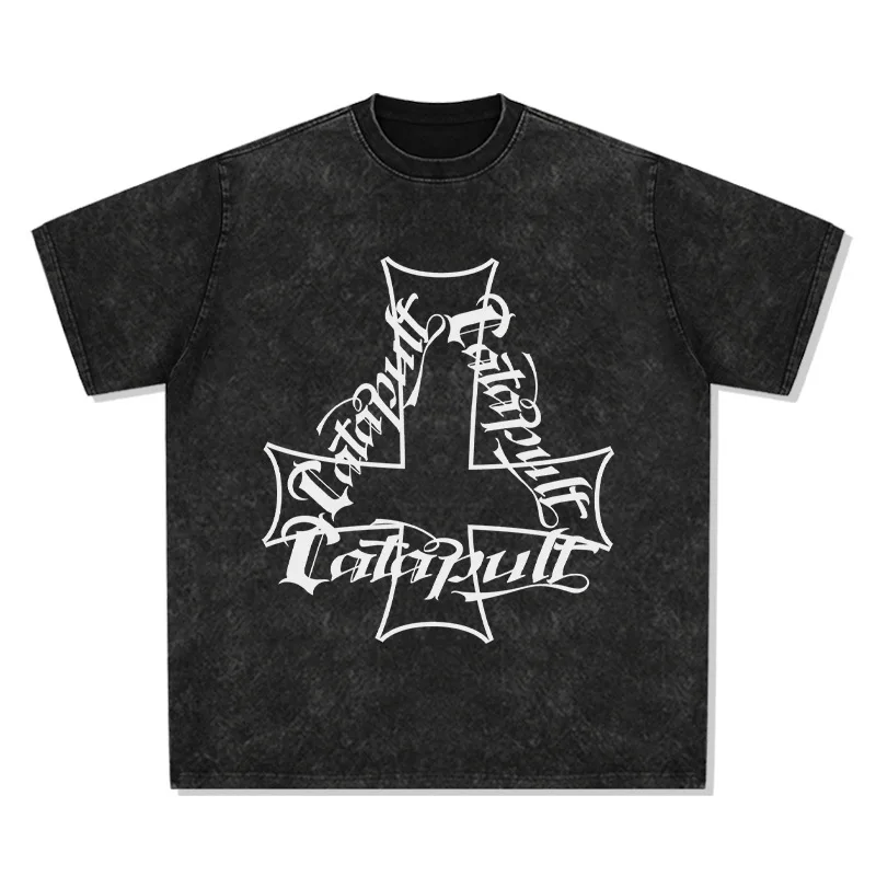 

2025 American Retro Printed Chinese Trend T-shirt, Street Hip-hop Trendy Brand Aged Washed Heavy Pure Cotton Short-sleeved