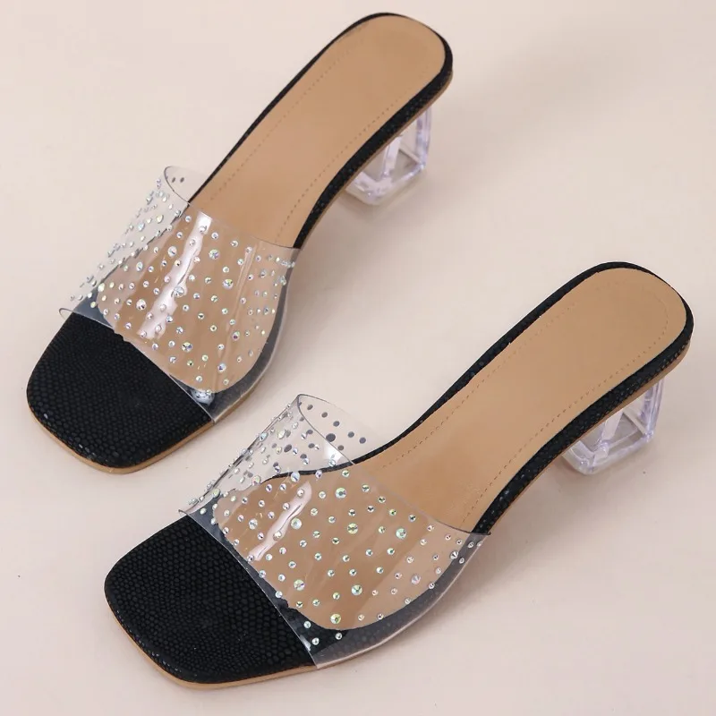 Zapatillas de tacón alto para mujer, zapatos de tacón de cristal, prendas de vestir con diamantes, línea recta, a la moda, novedad de verano, 2023