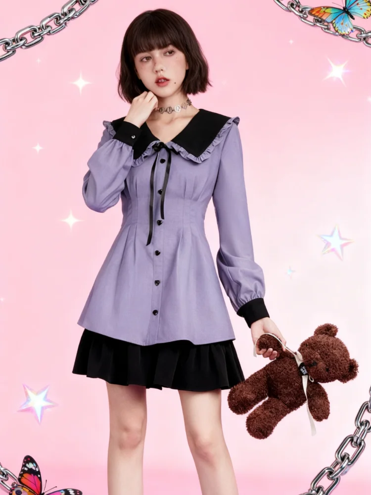 

autumn winter French women's waist cinching patchwork dress emo Japanese Y2K Harajuku style spicy girl sweet navy collar dress