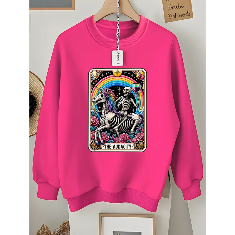 Women'S Lettered Round-Neck Fuchsia Sweatshirt, Long-Sleeved, Loose-Fitting for Autumn And Winter, Lined for Warmth