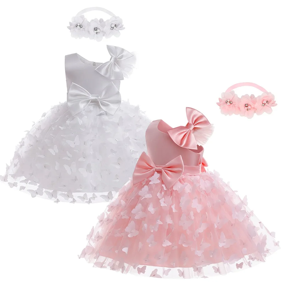 2026 Girl Party Dress with bow Summer New Sleeveless Solid Color Baby Girl Clothing Mesh Pleated elegant Dress Flowers Girl gown