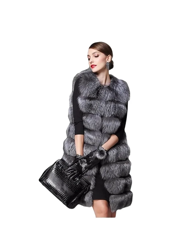 Winter ärmellose Kunstpelz elegante graue klassische Mode Charme Patchwork grau bequeme exquisite Pendeln lange Weste Jacke