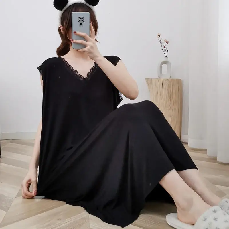 Plus Size 5XL 150kg Summer Long Nightdress V Neck Sleepwear Home Nightshirt Women Causal Sleeveless Sleepwear Loose Ladies Dress