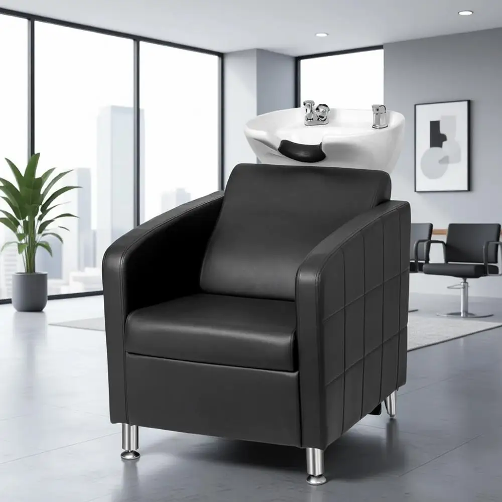 

Extra Wide Seat Shampoo Chair with Porcelain Bowl for Beauty Salons and Barbershops, Black
